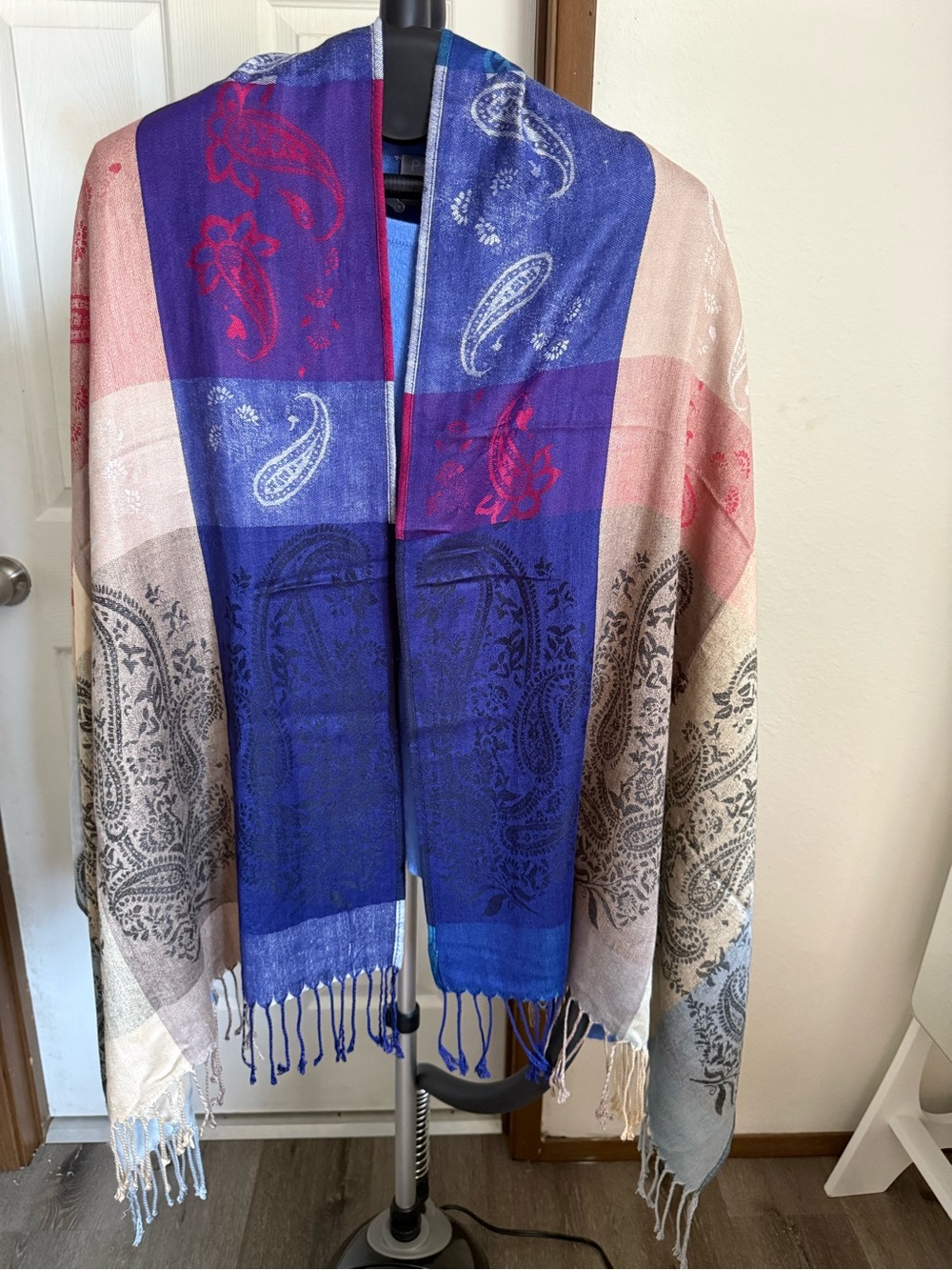 100% Cashmere Paisley Wrap Shawl Scarf Blue Pink Oversized